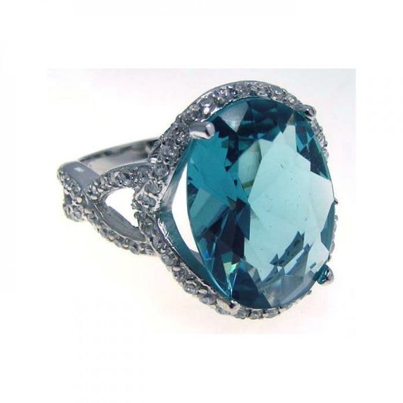 Silver 925 Rhodium Plated Blue Center and Clear CZ